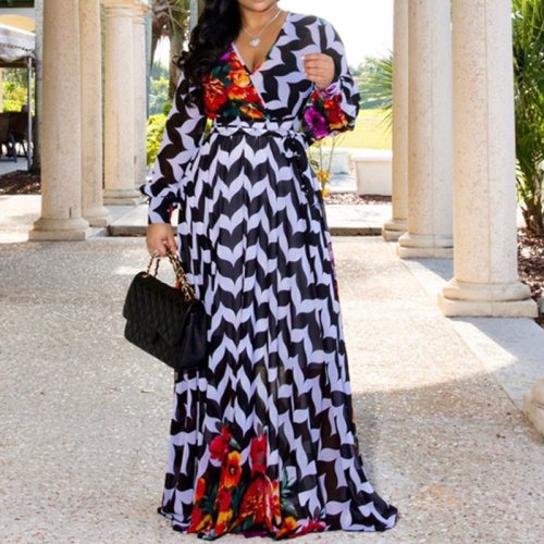 Fashion Long Sleeve Dress Women V Neck Casual Maxi Long Dress