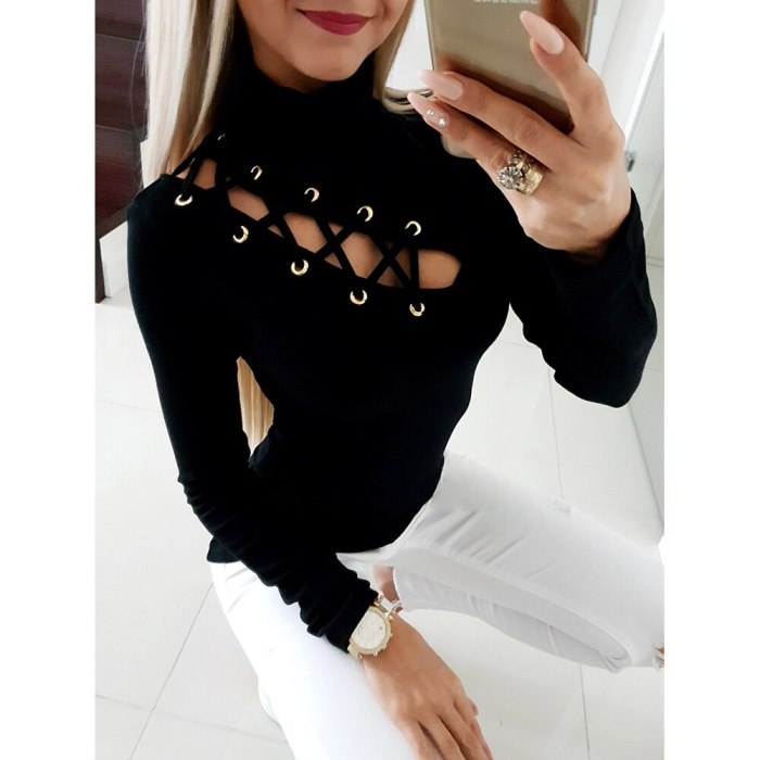 Elegant Tshirt Women Sexy Hollow Solid Color Vintage Long Sleeve Casual Top Clothes