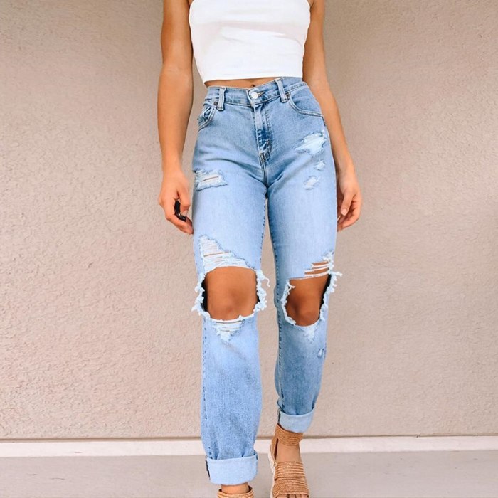 Women's Vintage Jeans Ripped Female Casual Loose Denim Summer Pants Trousers