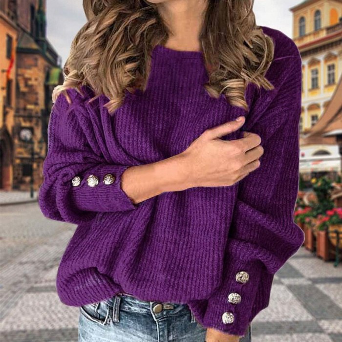 Women Sweater Fashion Solid Color Long Sleeve Knit Casual Women Sweater Plus Size