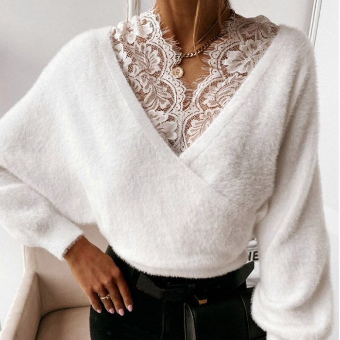 Lace Deep V-Neck Women Sweater Long Sleeve Elegant Ladies Casual Female Top