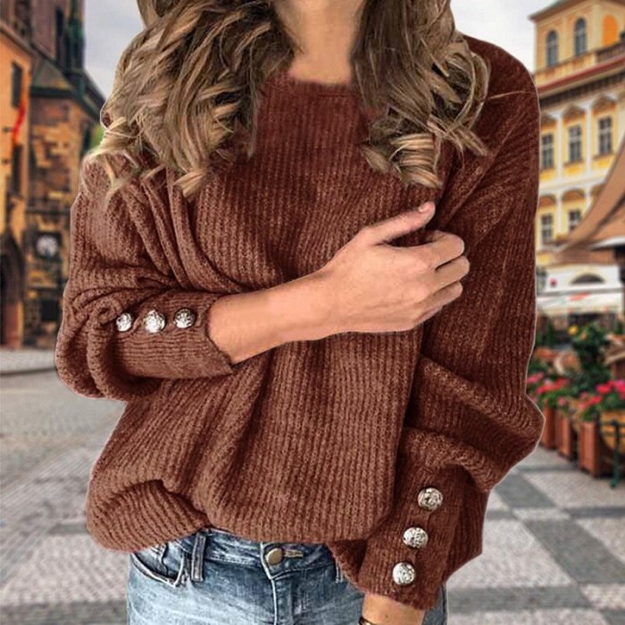 Women Sweater Fashion Solid Color Long Sleeve Knit Casual Women Sweater Plus Size