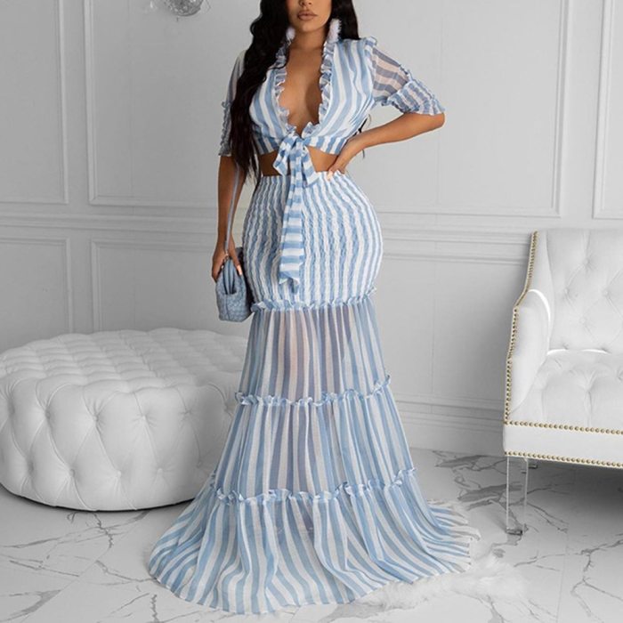 Women Outfits Clothes Striped Sexy Long Skirt Suit Sets