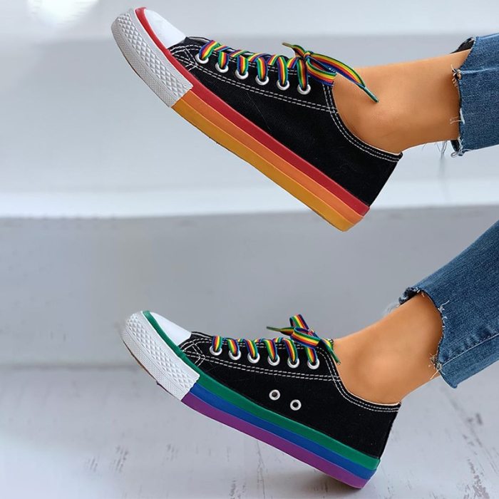 Women Vulcanized Shoes Canvas Sneakers Summer Candy Color Rainbow Female Platform Walking Ladies Flat