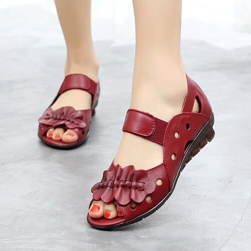 Sandals Ladies Summer Leather Soft Bottom Fish Mouth Shoes Flat Heel Flat Bottom Hollow Women'S Shoes