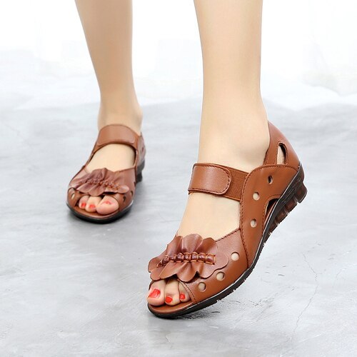 Sandals Ladies Summer Leather Soft Bottom Fish Mouth Shoes Flat Heel Flat Bottom Hollow Women'S Shoes