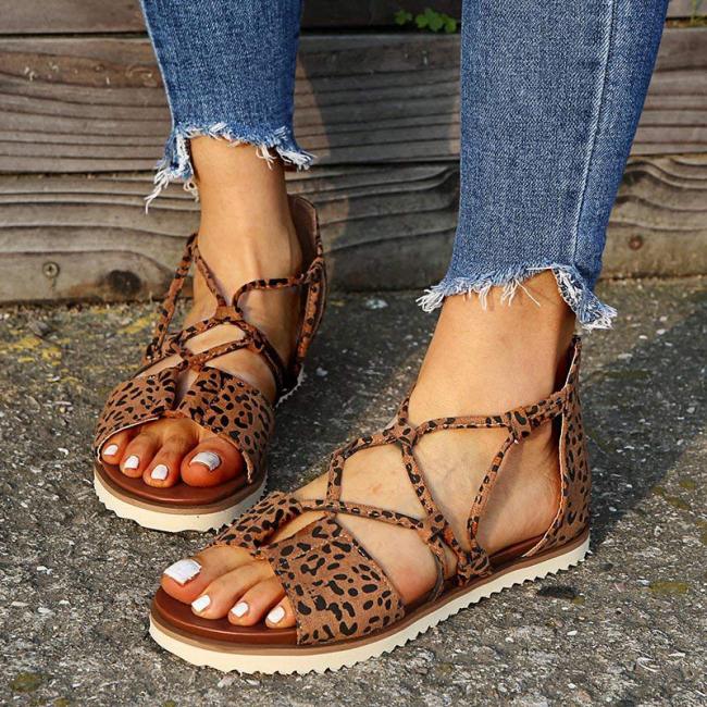 Women Flat Sandals Leopard Cross Tied Zipper Casual Beach Shoes Summer Retro Sandals Plus Size Comfort Female Sandal 2021