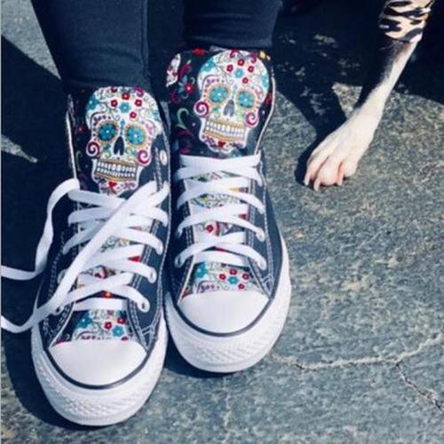 Women Plus Size Fabric High-Top Skull Canvas Shoes