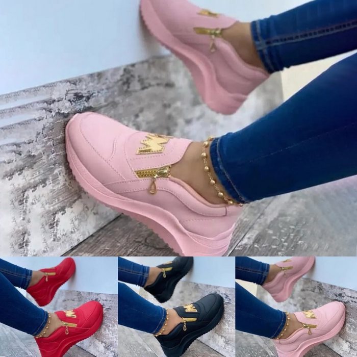 Women Chunky Shoes Solid Color Platform Bottom Zipper Sneakers