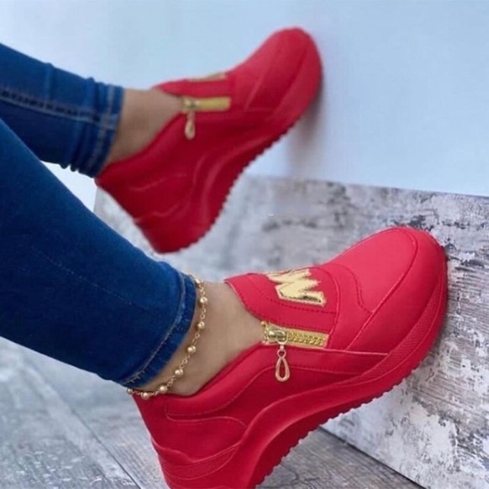 Women Chunky Shoes Solid Color Platform Bottom Zipper Sneakers