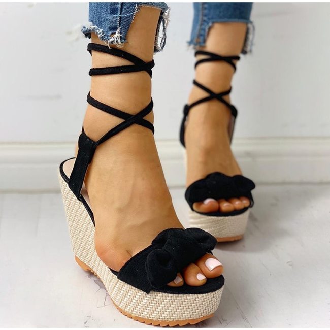 Women's Summer Sandals Woman Wedges Knot Ankle Strap Shoes Female Lace Up Ladies Fashion Elegant Sandal Flock Non Slip 2021 New