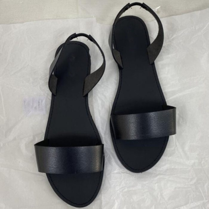 Solid PU Leather Women Sandals for 2021 Summer Flat Shoes Back Elastic Band Rome Casual Shoes Lady Fashion Brand Sandal Woman