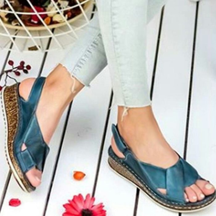 Durable Women Sandals Fashion Summer Peep-toe Wedge Sandal Comfortable Breathable Slip-on Flat Shoes