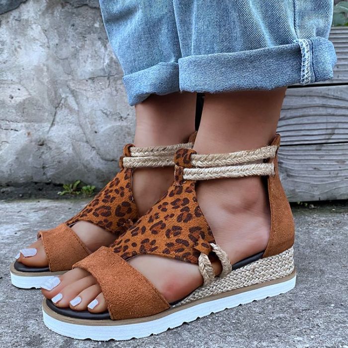 Sandals Ladies Wedge Heel Open Toe Fish Mouth Foreign Trade Roman Style Sandals Shoes Cashmere Zipper Large Size Shoes Women