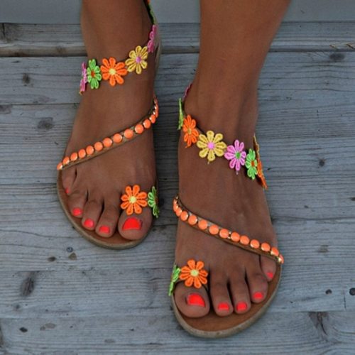 Summer Shoes Woman Gladiator Sandals Women Shoes Flat Fashion Weet Flowers Boho Beach Sandals Ladies Plus Size 44