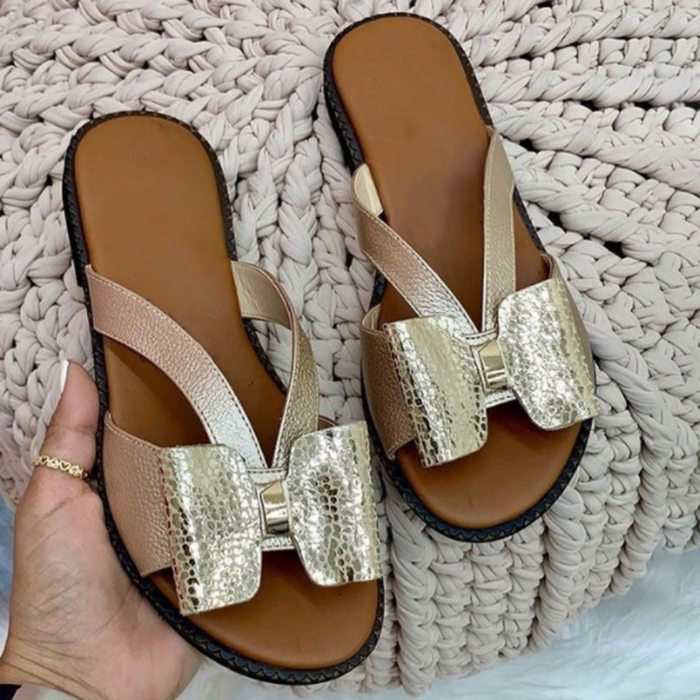 Women Slippers Ladies Summer Fashion Casual Flat Color Blocking Bowknot Large Size Sandals And Slippers Beach Shoes Mujer D1#