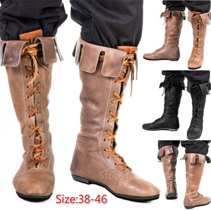 Medieval Men Knight Boots Vintage Lace Up Shoes Middle Ages Viking Pirate Cosplay Women Halloween Archer Costume Fancy American