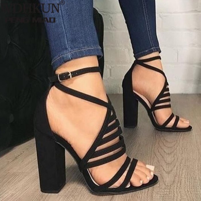 Women Sexy Sandals Lady High Heels Design Women's Cross Strap Bandage Shoes Lady Party Female Ankle Strap Flock 2020 Summer