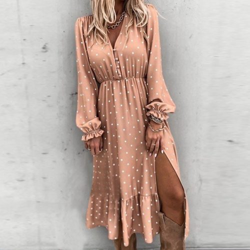 Women Elegant Lantern Sleeve A-Line V-Neck Retro Maxi Dress