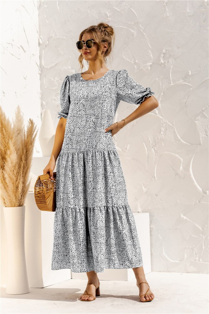 Vintage Puff Sleeve Plaid Polka Dot Stitching Maxi Dress