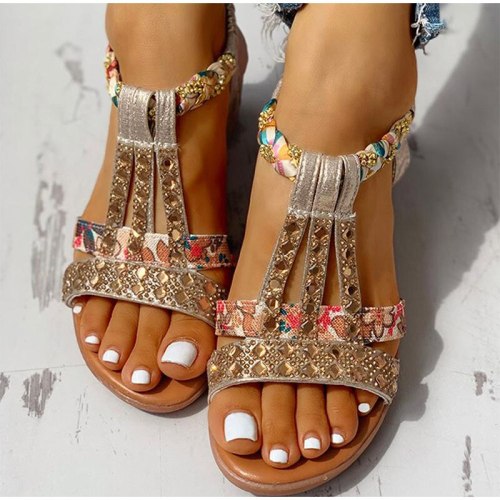 Women's Sandals Summer Bohemia Platform Wedges Shoes Crystal Gladiator Rome Woman Beach Shoes Casual Elastic Band Female