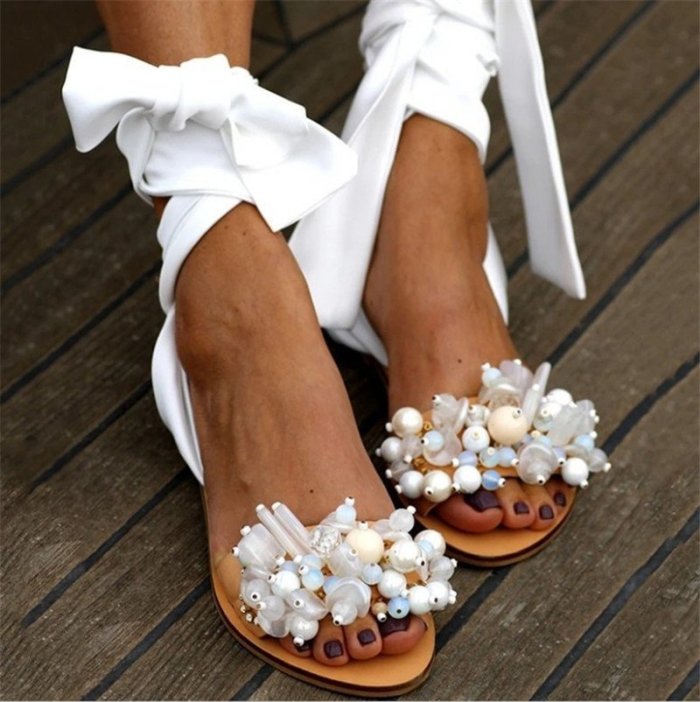 Handmade Sandals Women Flat Sandals Ankle Strap Beaded Special Women's Shoes Beach Sandals Plus Size 35-43