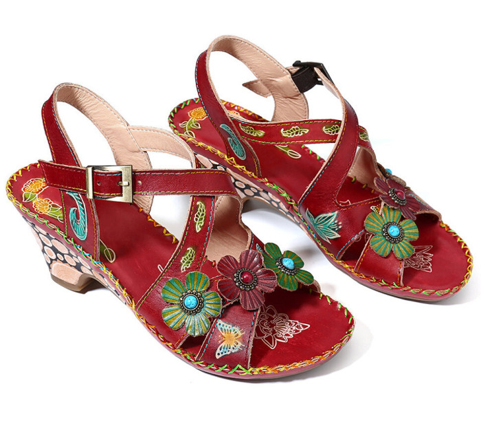 Flower Pattern Ethnic Beach Sandals Bohemian Retro New Rome Style Comfortable Fashion High-heeled Women's Plus Size 35-43