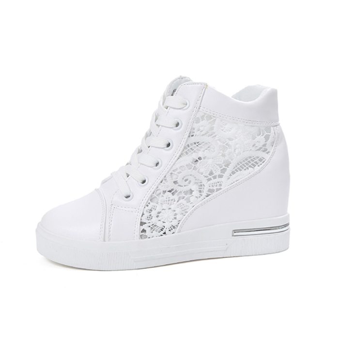 Women White Shoes Breathable Mesh Chunky Platform Sneakers Summer Ladies Lace Floral Hollow Out Wedge Heels Casual Footwear 2021
