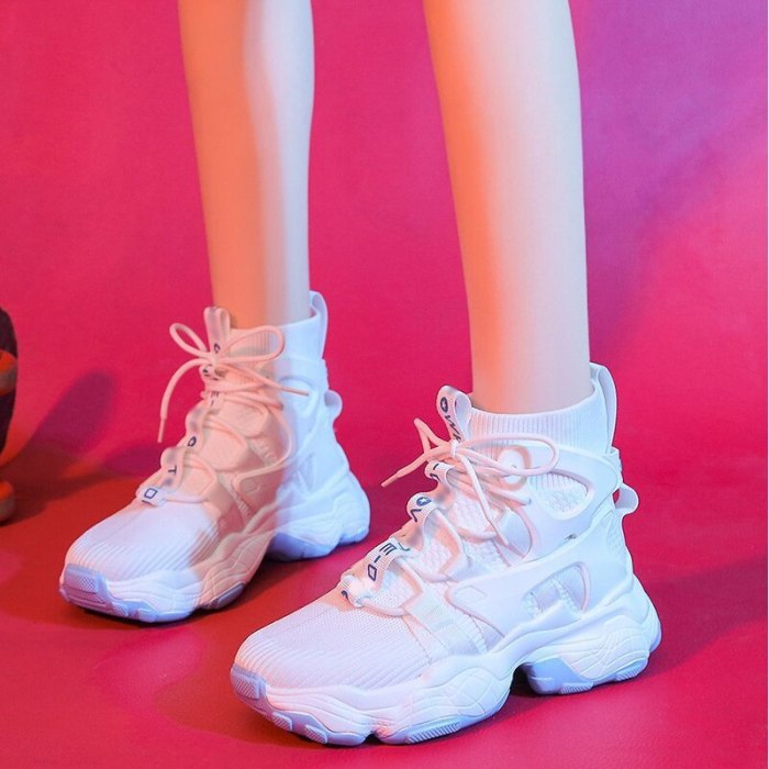 Women High Top White Casual Sneakers Autumn Mesh Breathable Chunky Heels Shoes