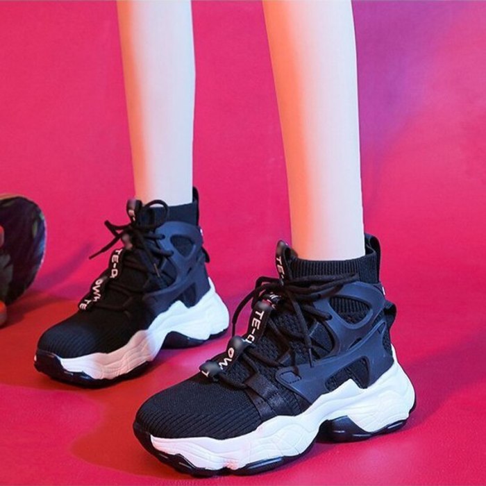 Women High Top White Casual Sneakers Autumn Mesh Breathable Chunky Heels Shoes