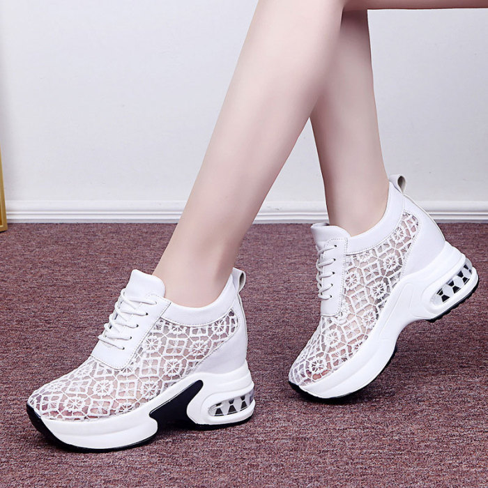 Women White Shoes Breathable Mesh Chunky Platform Sneakers Summer Ladies Lace Floral Hollow Out Wedge Heels Casual Footwear 2021