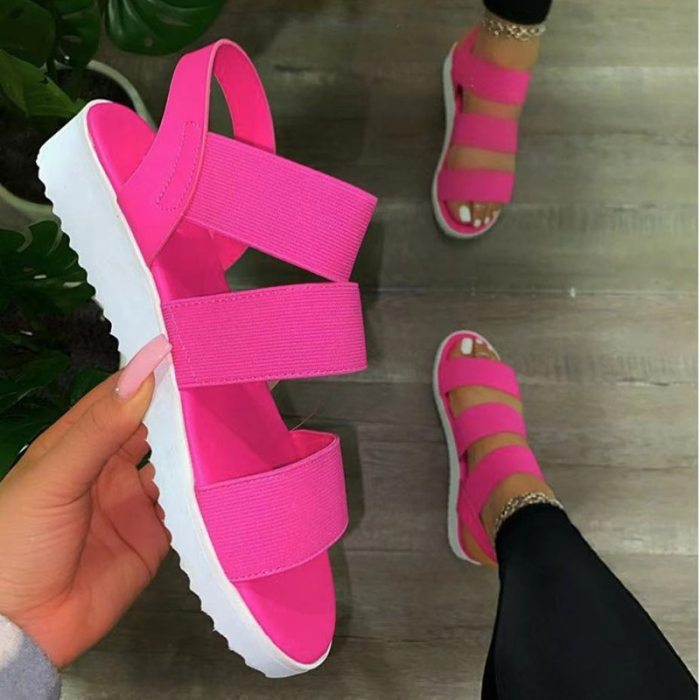 Casual and Comfortable All-match Hollow Elastic Band Buckle Trifle Bottom Women's Sandals Solid Color Plus Size Women's Sandals