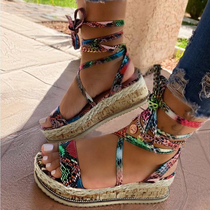 SAGACE Thick Bottom Horizontal Strap Sandals Plus Size 37-43 High heeled flat snake Sandals Female Wedge Heel Women's Shoes