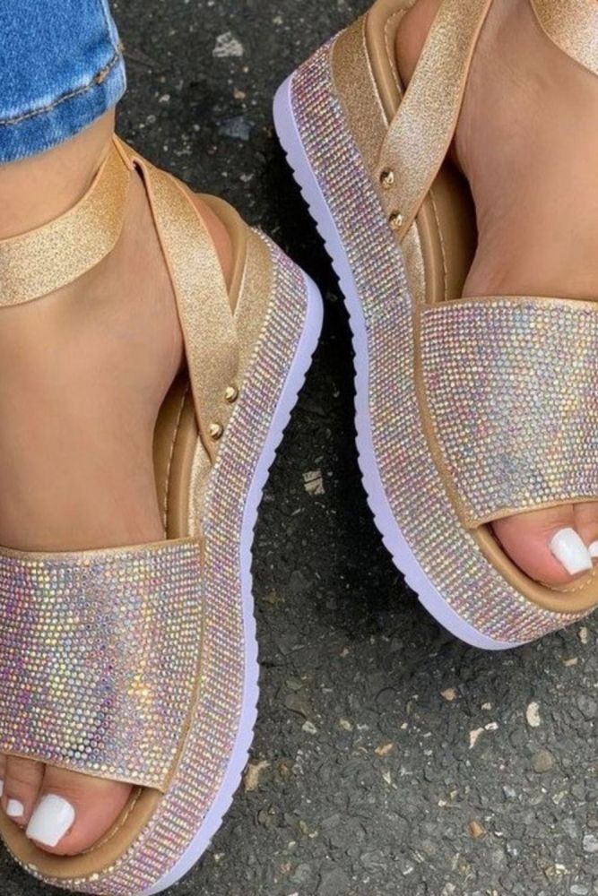2021 Summer Women's Rhinestone Sandals Fashion Ladies Crystal Shoes Women Thick Bottom Shoe Buckle Female Footwear Open Toe