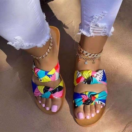 Woman Slippers Flat Colorful Butterfly-knot Pleated Ladies Sandals Casual Fashion Beach Women's Shoes 2021 New Summer Hot