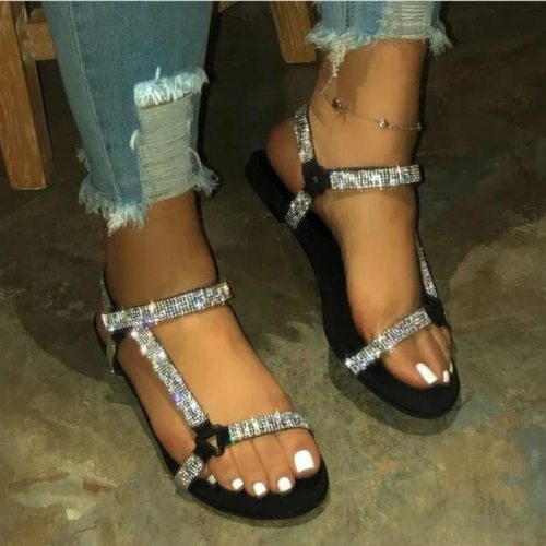 2021 Women Party Shoes Crystal Sandals Women Summer New Style Bling Rhinestone Flat with Female Sandal Large Size 36-43