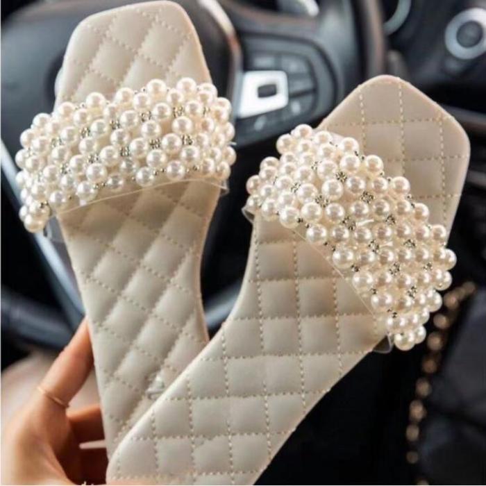 Spring/summer new women 2021 pearl rhinestone women's all-match casual slippers fashion solid color flat shoes sandals