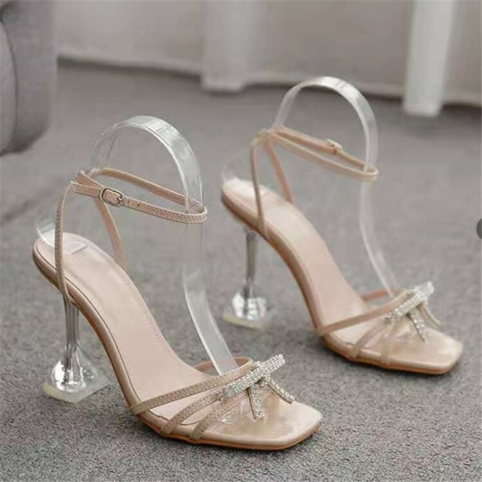 Women Thin High Heels Shoes Summer Sandals Transparent Gladiator Ankle Strap Sexy Pump Female Party Wedding Ladies Plus Size 43