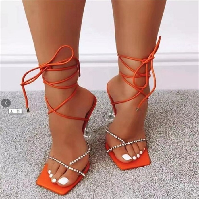 2021 Women's Sexy High Heels Plus Size Sandals Female Cross-Tied Toe Summer Red Party Shoes Ladies Fashion Footwear Square head