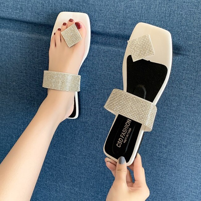 Luxury Crystal Women Sandals Clip Toe Slip-on Beach Slipper Shoes Woman Flat Heel Sandalias De Mujer 2021 Spring Summer Big Size
