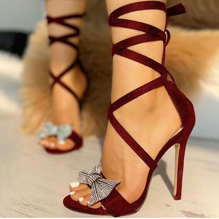 Glitter Rhinestones Women Pumps Crystal Bowknot Summer Lady Shoes Open Toe High Heels Party Prom Shoes