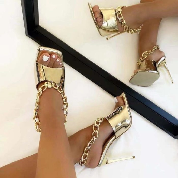 Gold Chain Strap Open Square Toe Sandals Shoes Slipper Women Sexy High Heels Fashion Solid Style Big Size 10.5