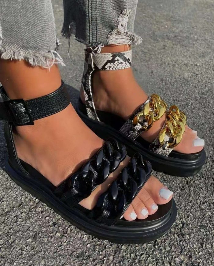 Retro Women Sandals Snake Flat Platform Ladies Wedge Women's Shoes Woman Casual Buckle Strap Chain Female Summer 2021 New