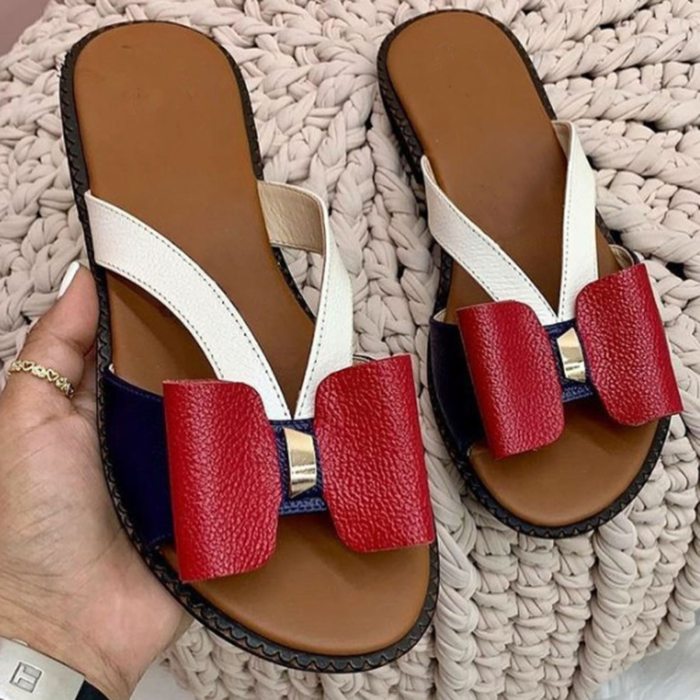 Women Shoes 2021 Summer Women Fashion Flat Color Blocking Bowknot Large Size Sandals Slippers PU Beach Outdoor Slides