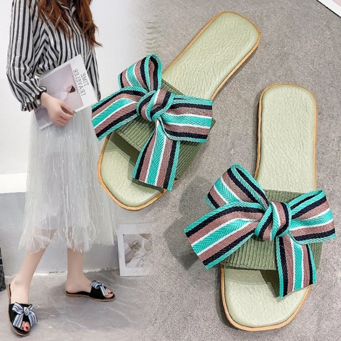 2021 Ladies' New Hot-selling Fashion All-match Bowknot Slippers, Beige, Black, Green,
