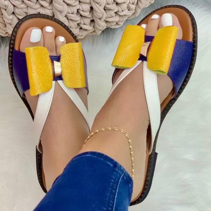 Women Shoes 2021 Summer Women Fashion Flat Color Blocking Bowknot Large Size Sandals Slippers PU Beach Outdoor Slides