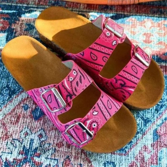 2021 Summer Women Shoes Platform Sandals Fashion Retro Buckle Casual Printing Sandals Beach Open Toe Flat Slipper for Woman
