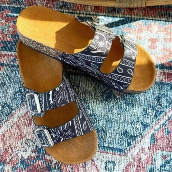 2021 Summer Women Shoes Platform Sandals Fashion Retro Buckle Casual Printing Sandals Beach Open Toe Flat Slipper for Woman