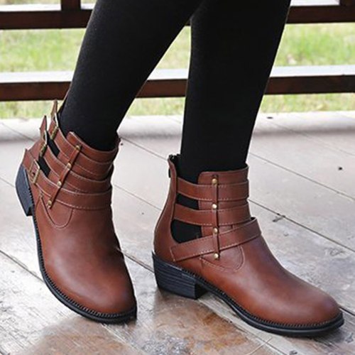 Winter Metal Buckle Ankel Boots Women Punk Female Mid-Heel Boot Thick Heels PU Women Round Head Boots Botas Mujer Plus Size#1125
