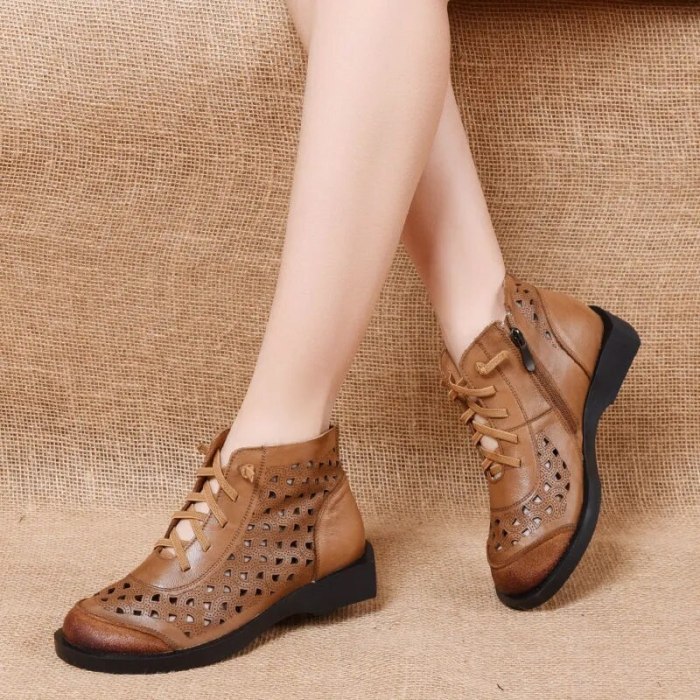 Leather retro round toe hollow short boots women 2021 spring and summer new first layer cowhide soft sole high-cut hole sandals